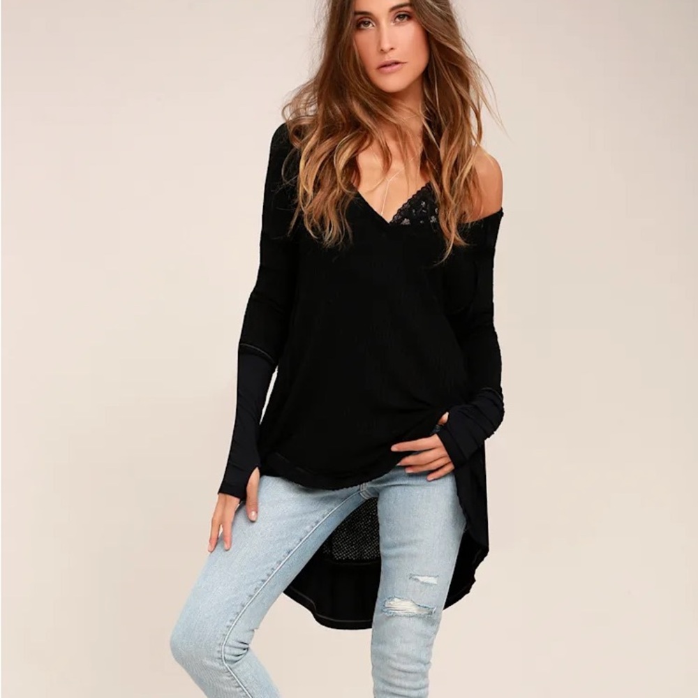 Free People Laguna Black Thermal Long Sleeve Top